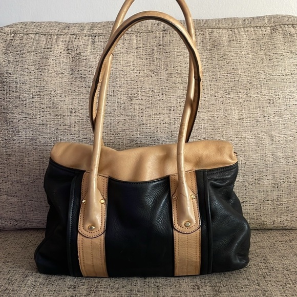 B. Makowsky Rockefeller Leather Satchel Black and Tan - Picture 4 of 15